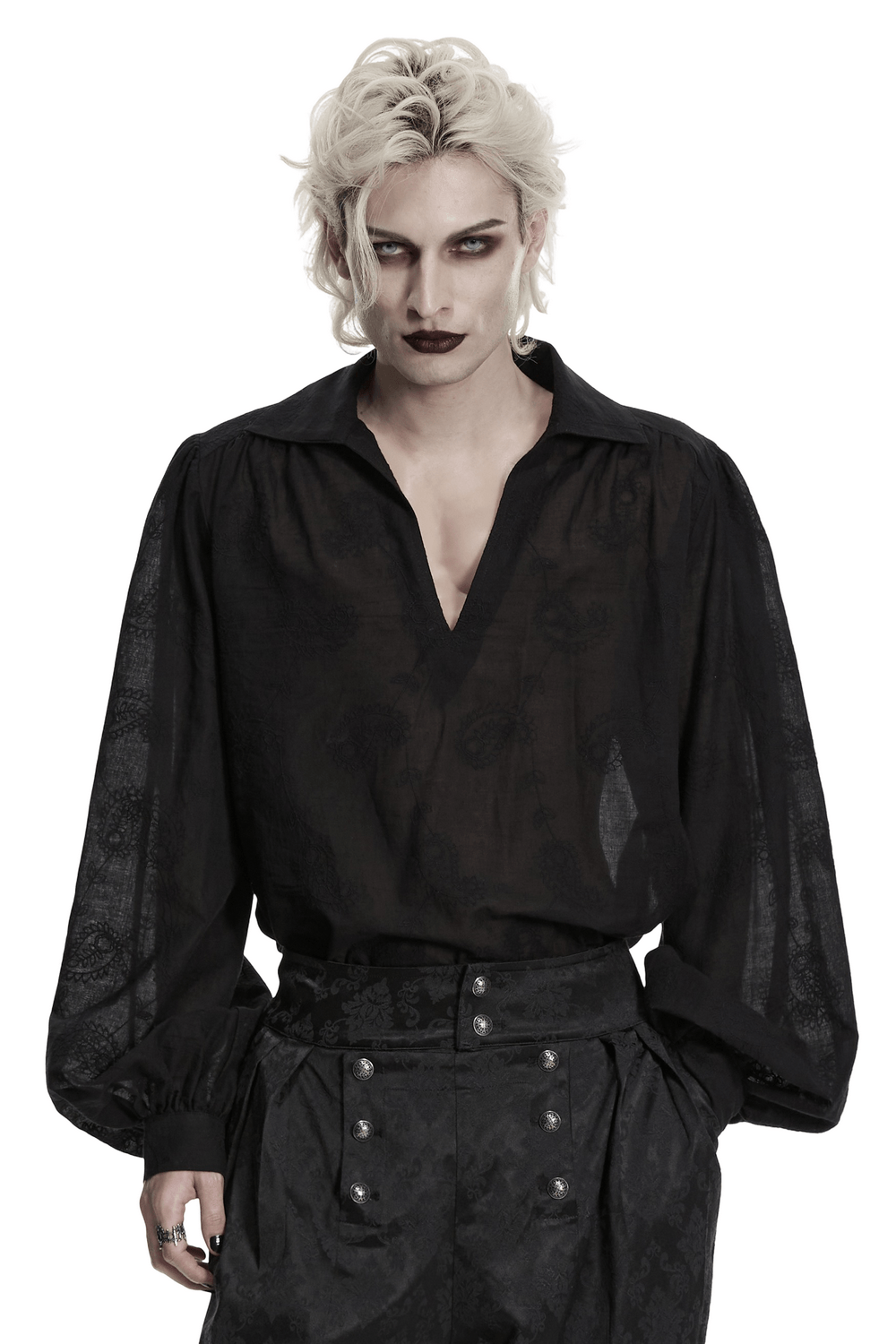 Black Embroidered Gothic Shirt with Bubble Sleeves worn by a model with a striking gothic look.