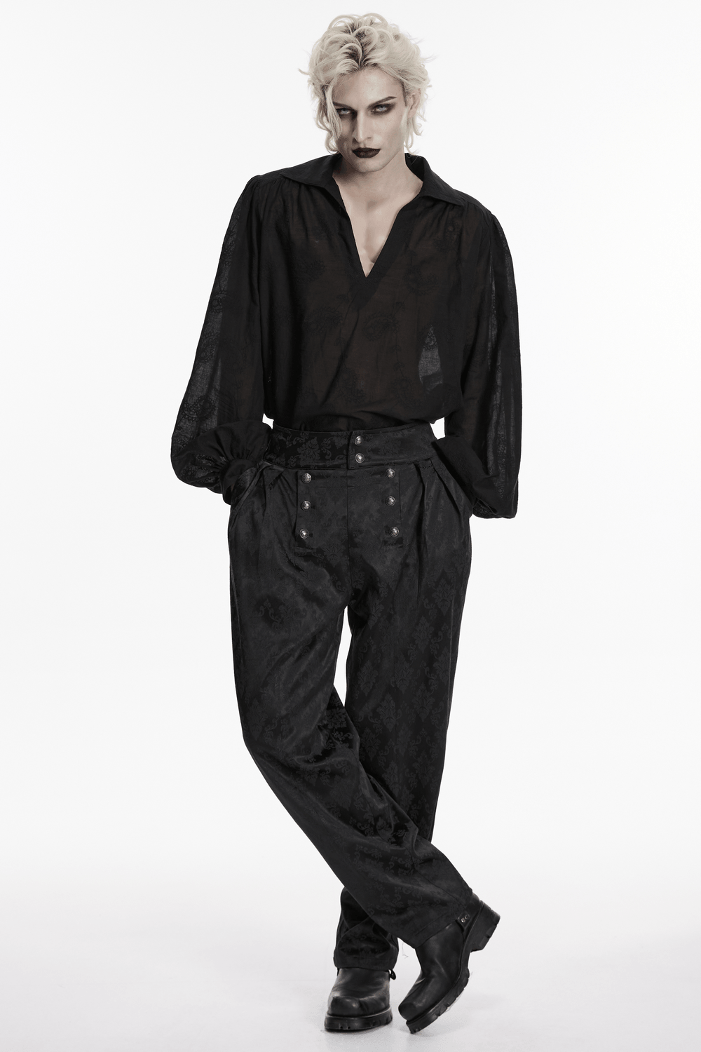 Black Embroidered Gothic Shirt with Bubble Sleeves worn by a model, showcasing a Victorian-inspired style.