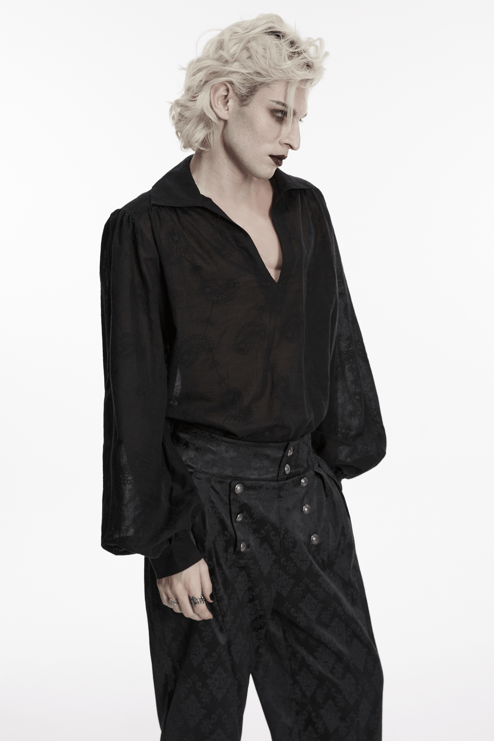 Black Embroidered Gothic Shirt with Bubble Sleeves worn by model, showcasing a Victorian style with deep V-neck and bubble sleeves.