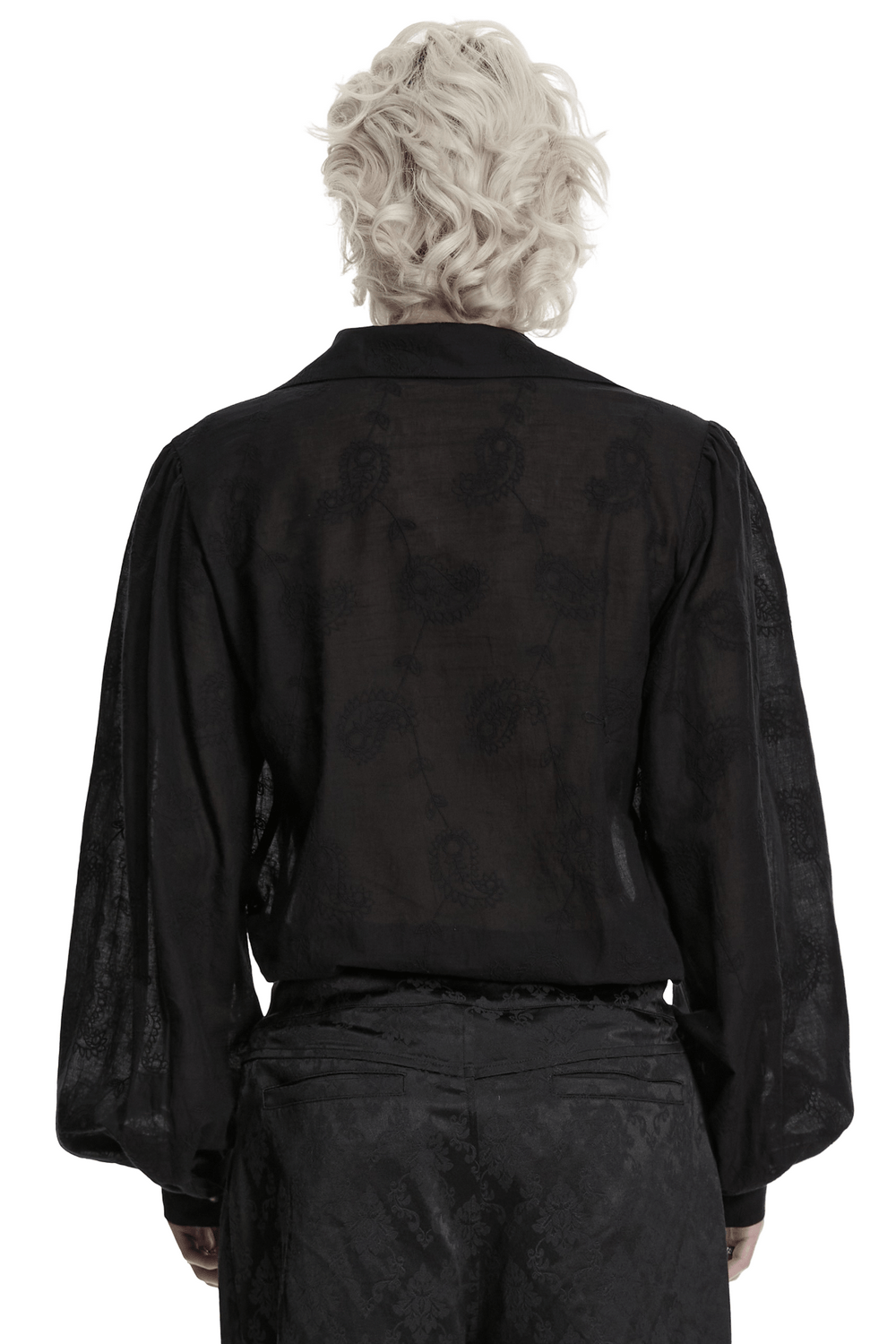 Back view of Black Embroidered Gothic Shirt with Bubble Sleeves showcasing the embroidered details and bubble sleeves.