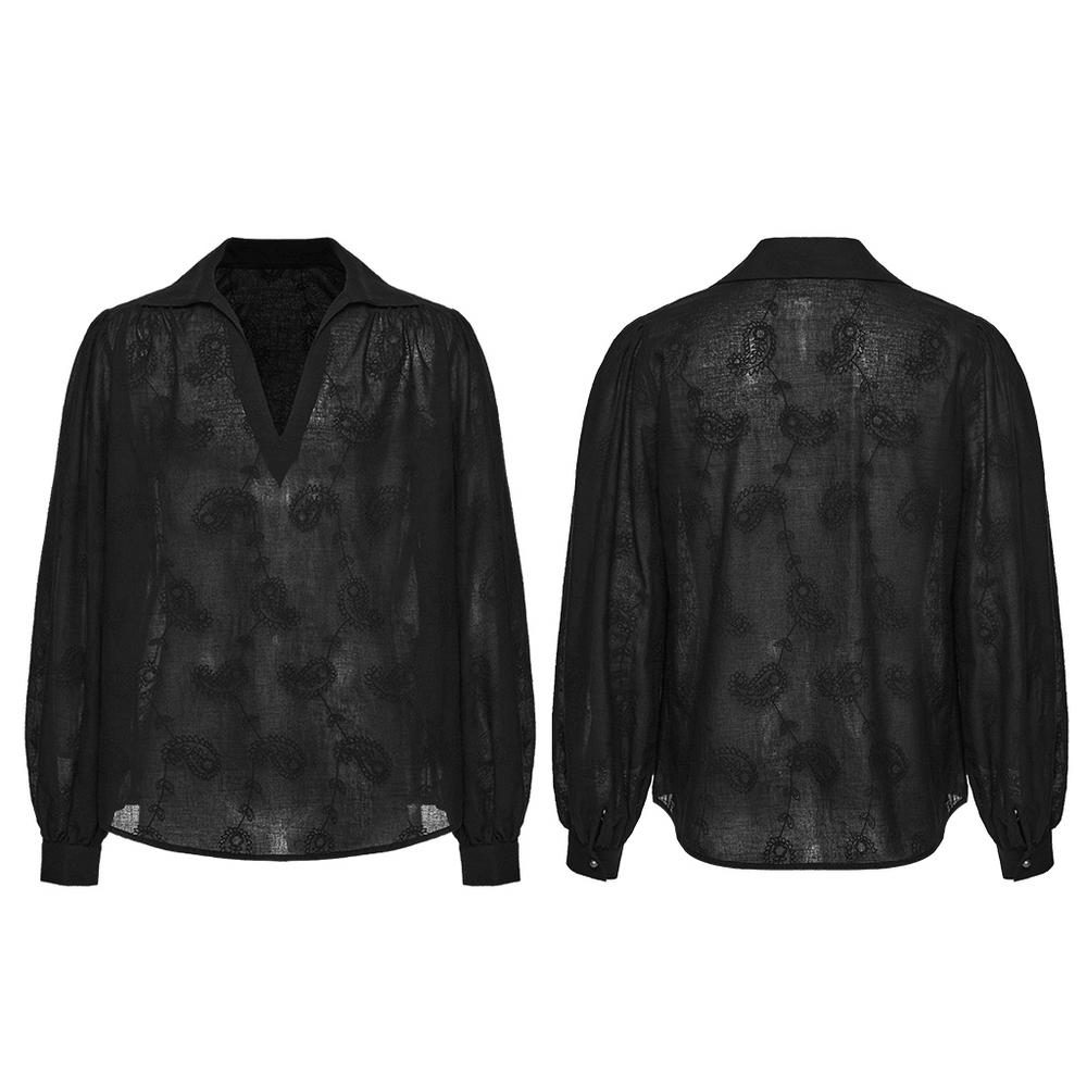 Black Embroidered Gothic Shirt with Bubble Sleeves, featuring draped bubble sleeves and an ornate deep V lapel.