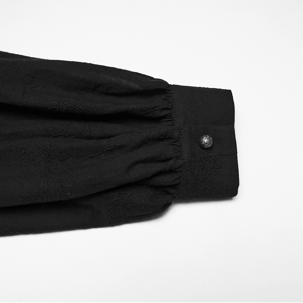 Black Embroidered Gothic Shirt with Bubble Sleeves close-up of draped bubble sleeve and embroidered fabric detail.