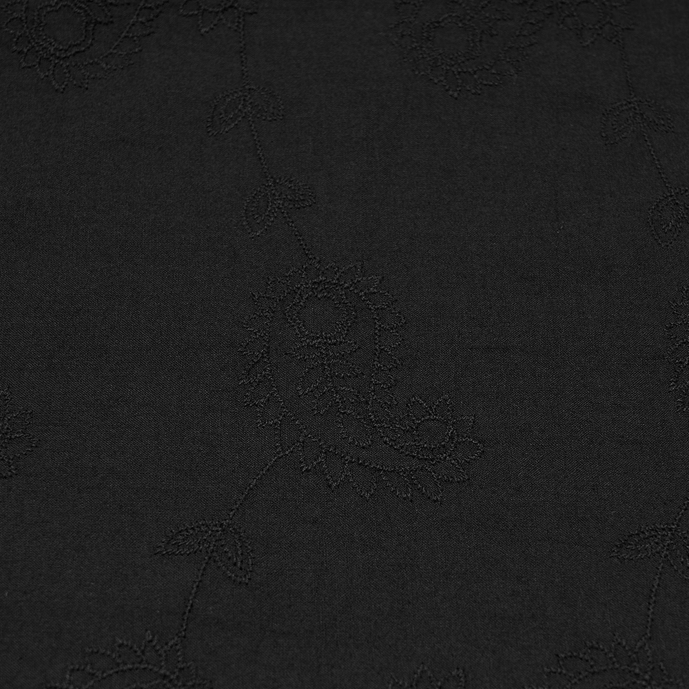 Black embroidered fabric featuring elegant paisley designs for Black Embroidered Gothic Shirt with Bubble Sleeves.
