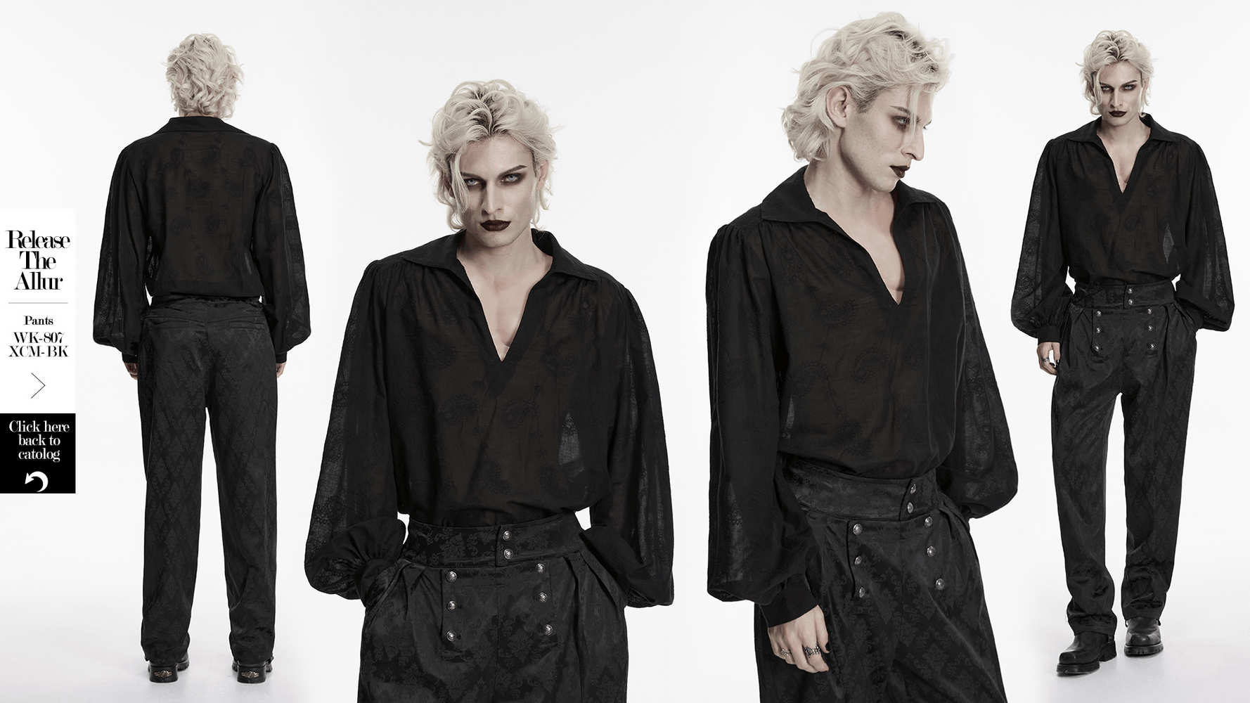 Black Embroidered Gothic Shirt with Bubble Sleeves, featuring a deep V-neck and romantic Victorian style.