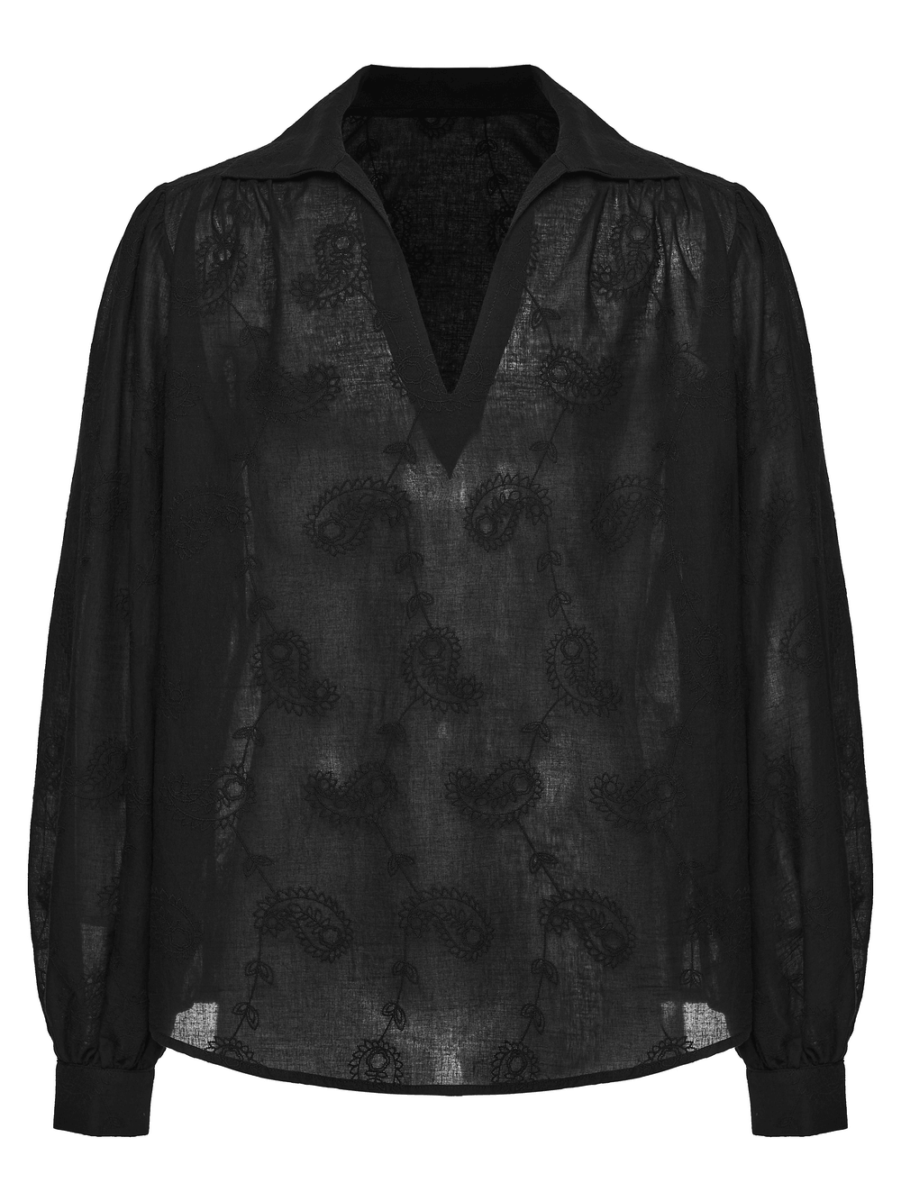 Black Embroidered Gothic Shirt with Bubble Sleeves featuring draped bubble sleeves and ornate embroidery.