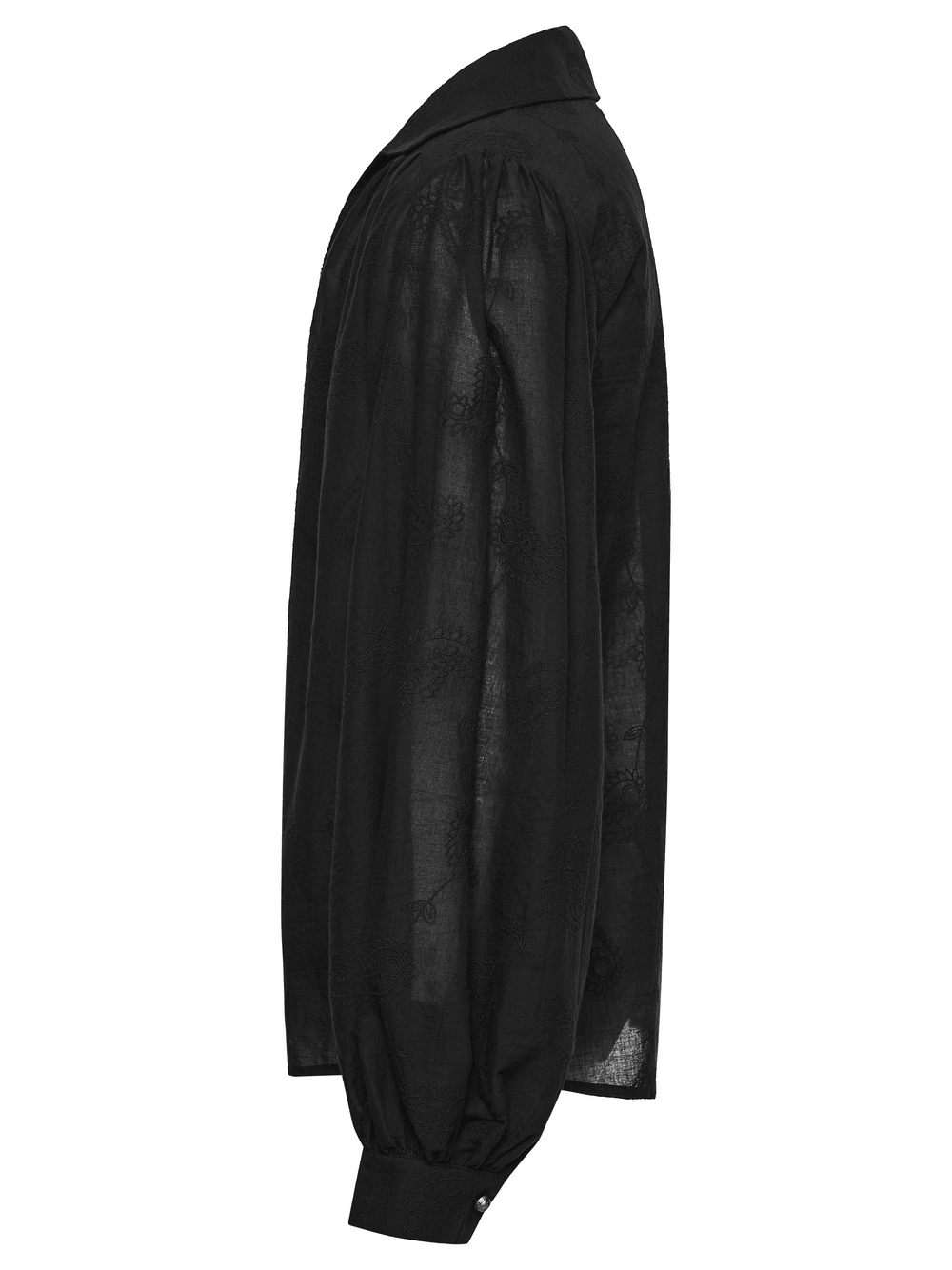Black Embroidered Gothic Shirt with Bubble Sleeves side view showcasing dramatic bubble sleeves and elegant deep V lapel.