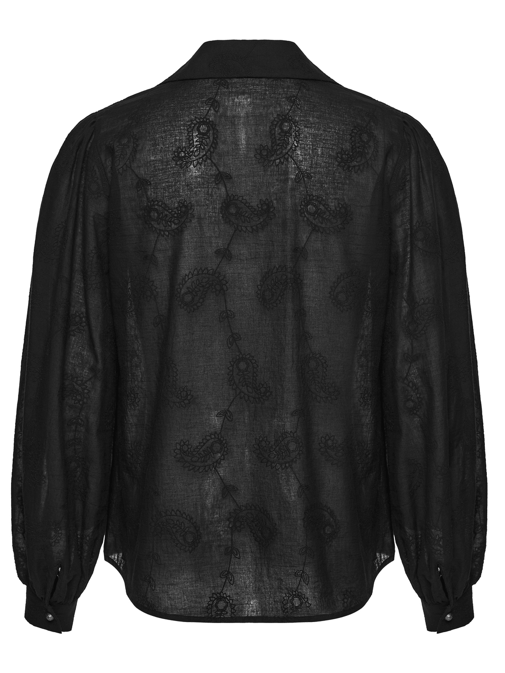 Black Embroidered Gothic Shirt with Bubble Sleeves featuring intricate embroidery and elegant draped design.