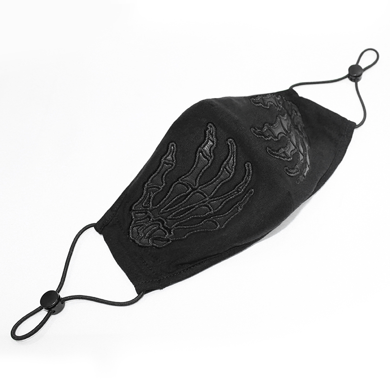 Gothic black skeleton face mask with adjustable straps, featuring elegant skeleton hand prints, stylish unisex accessory.