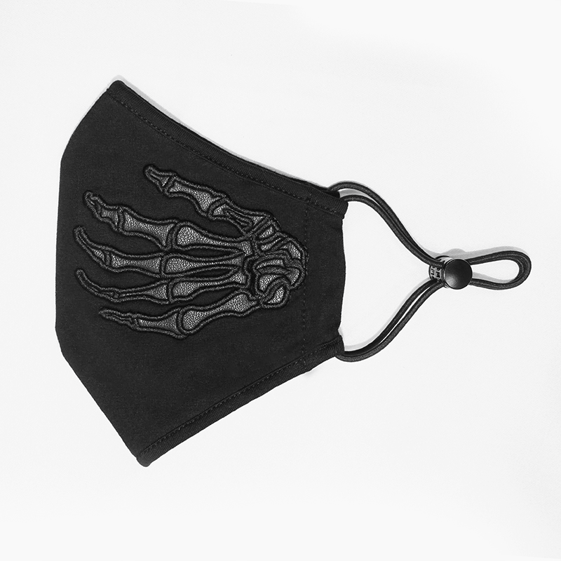 Gothic black skeleton face mask with adjustable straps and skeleton hands print, a stylish unisex accessory.