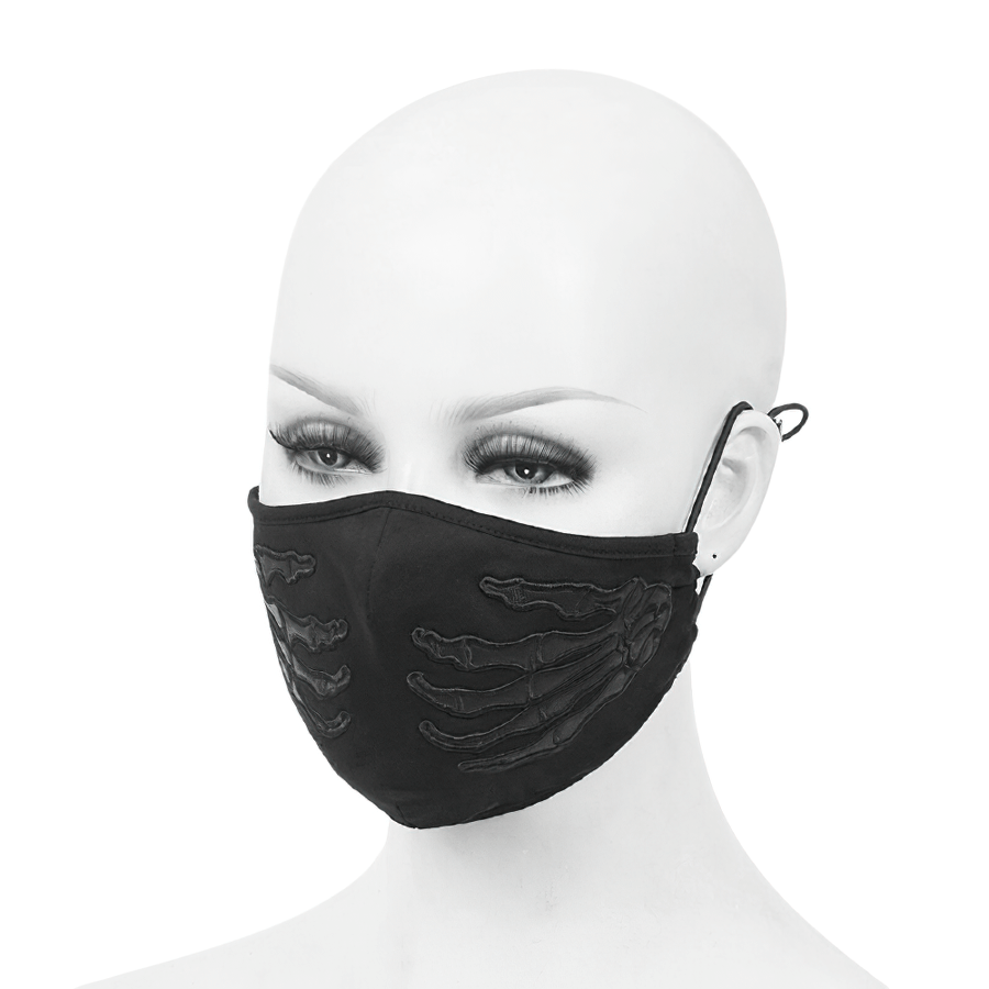 Black Fabric Mask with Skeleton Hands / Gothic style face mask with Elastic Adjustable Straps - HARD'N'HEAVY