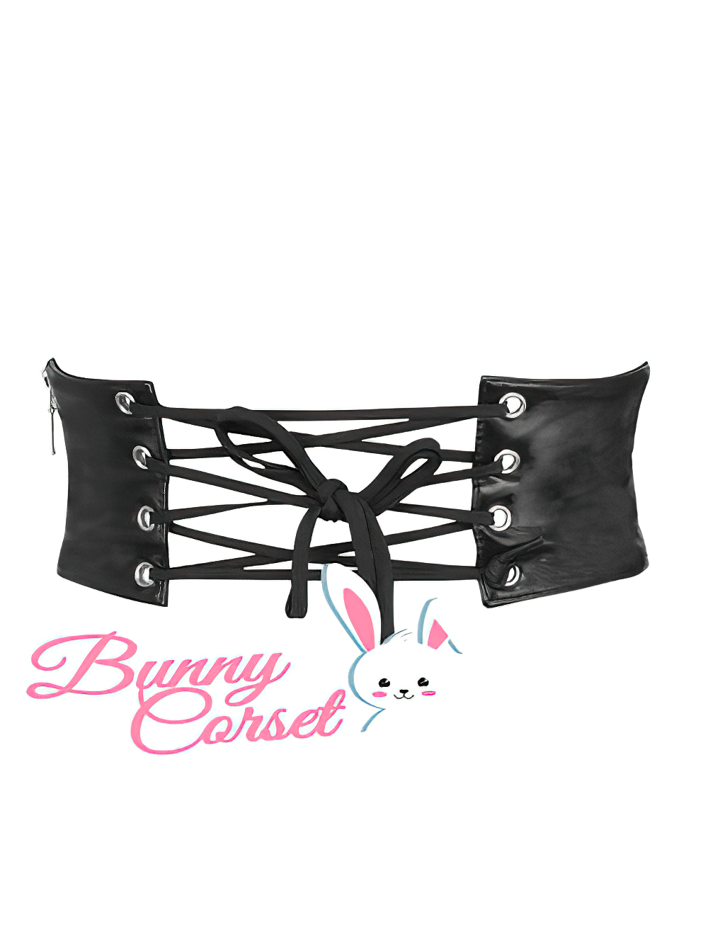 Black faux leather corset belt with lace-up back and side zipper for a gothic fashion statement.