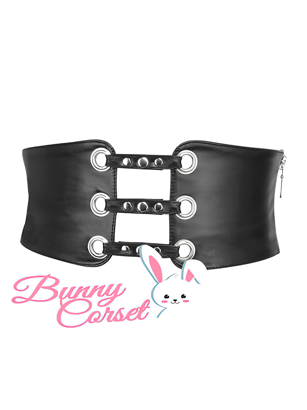 Black faux leather corset belt with lace-up back and side zipper, perfect for gothic fashion and waist cinching.