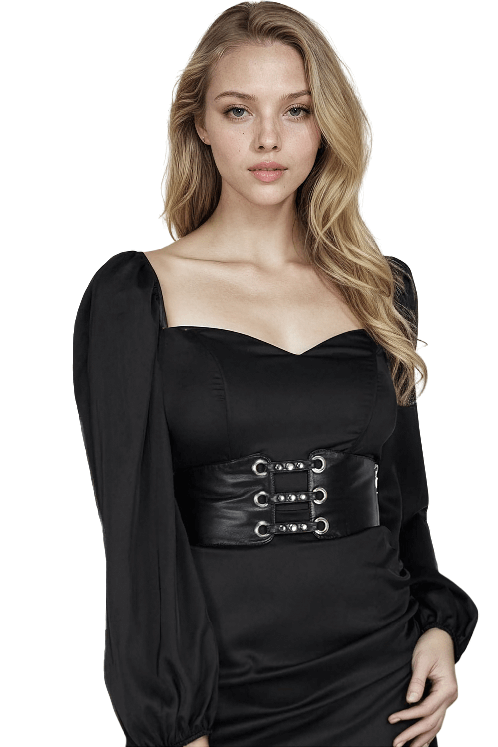 Model wearing a black faux leather corset belt with lace-up details, styled over a chic black dress.