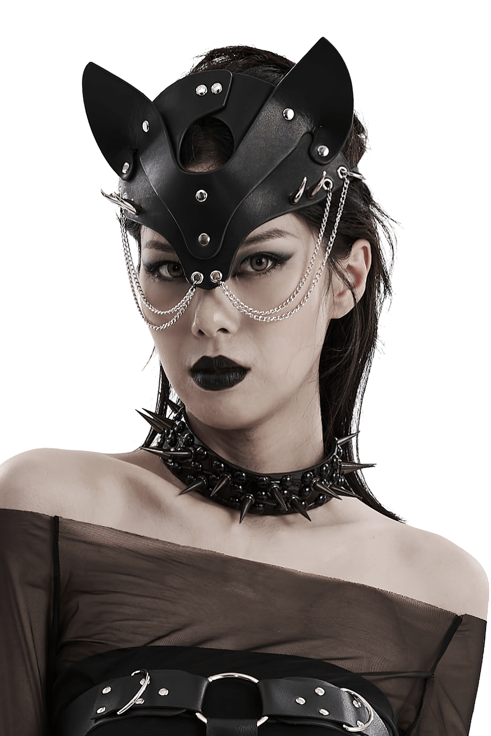Punk-inspired black faux leather fox mask with studs and chains worn by model, showcasing edgy elegance.