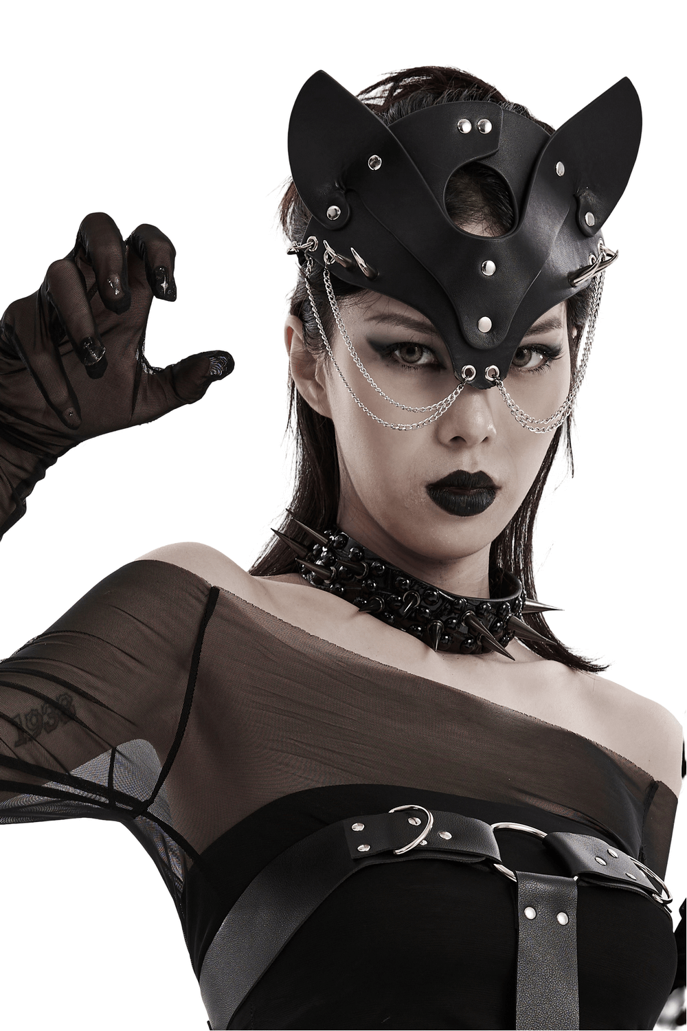 Black faux leather fox mask with studs and chains, adding punk flair and elegance to any edgy outfit.