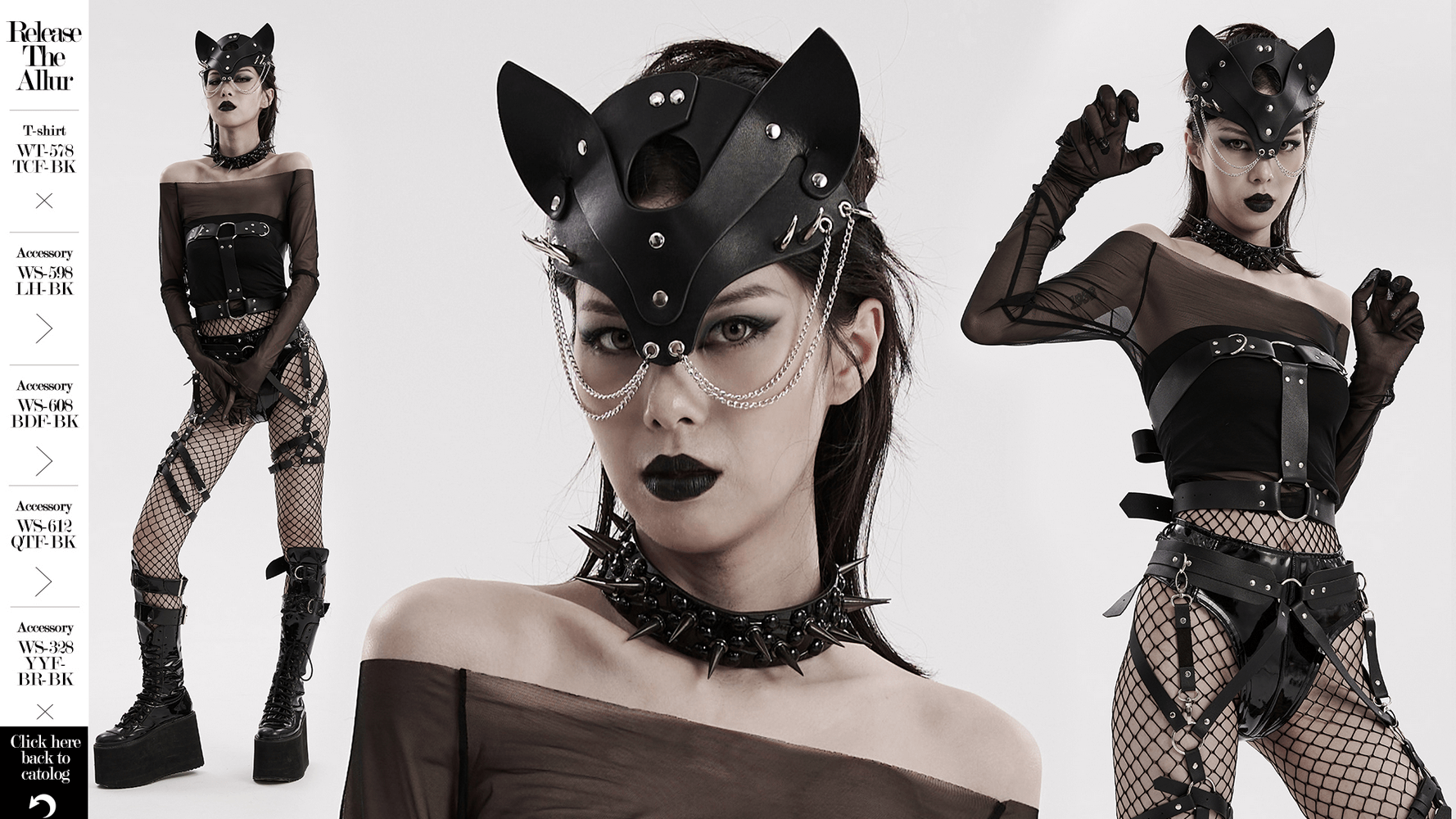 Punk black faux leather fox mask with studs and chains, showcasing edgy style and bold fashion statement.