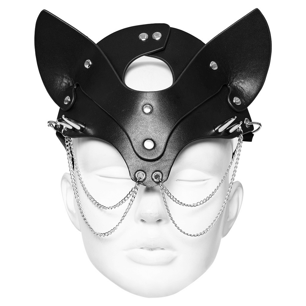 Black faux leather fox mask with studs and chains, perfect for punk style and bold fashion statements.