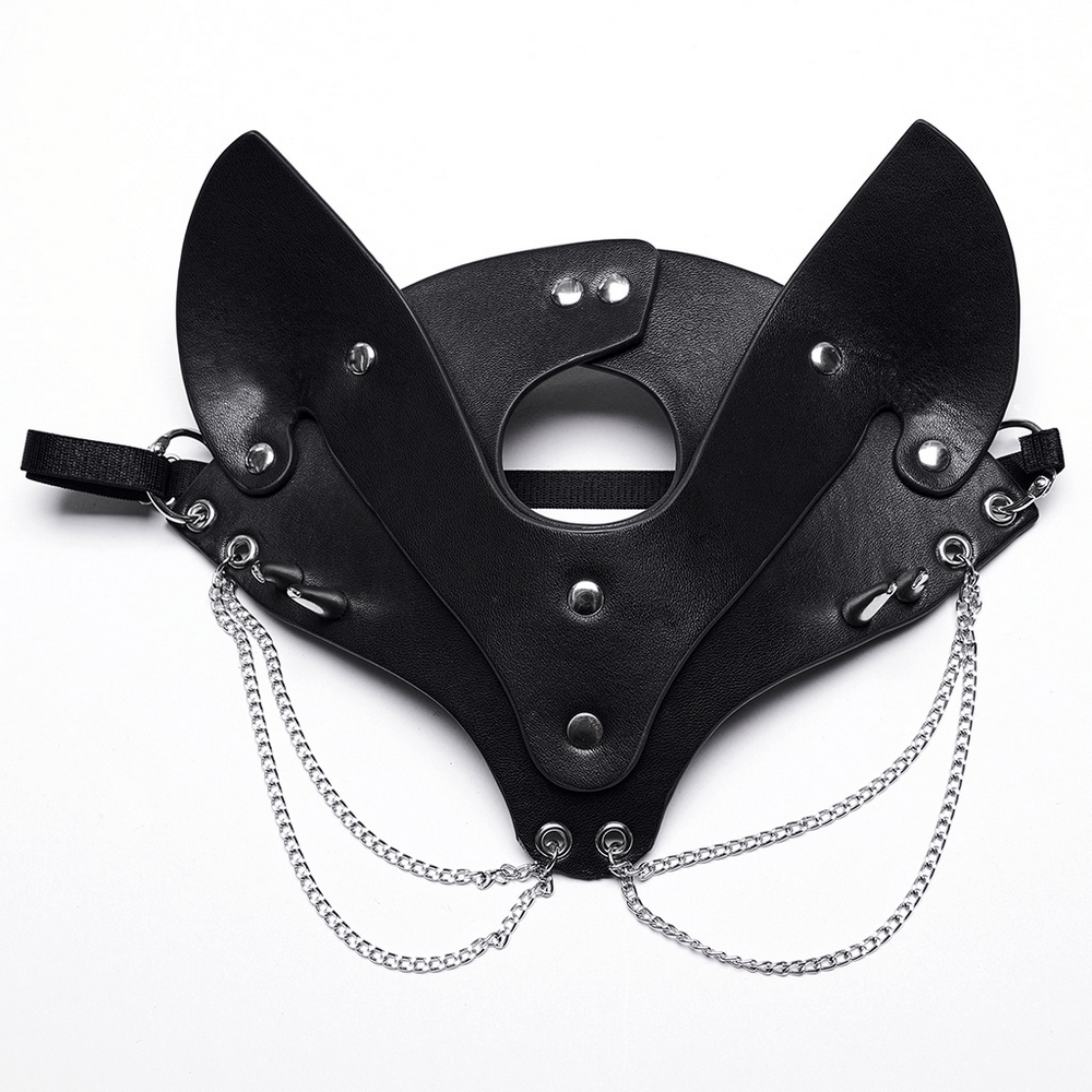 Black faux leather fox mask with studs and chains, perfect for punk style and bold fashion statements.