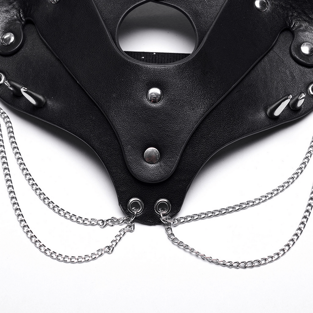 Black faux leather fox mask with studs and chains, showcasing punk elegance and unique design details.