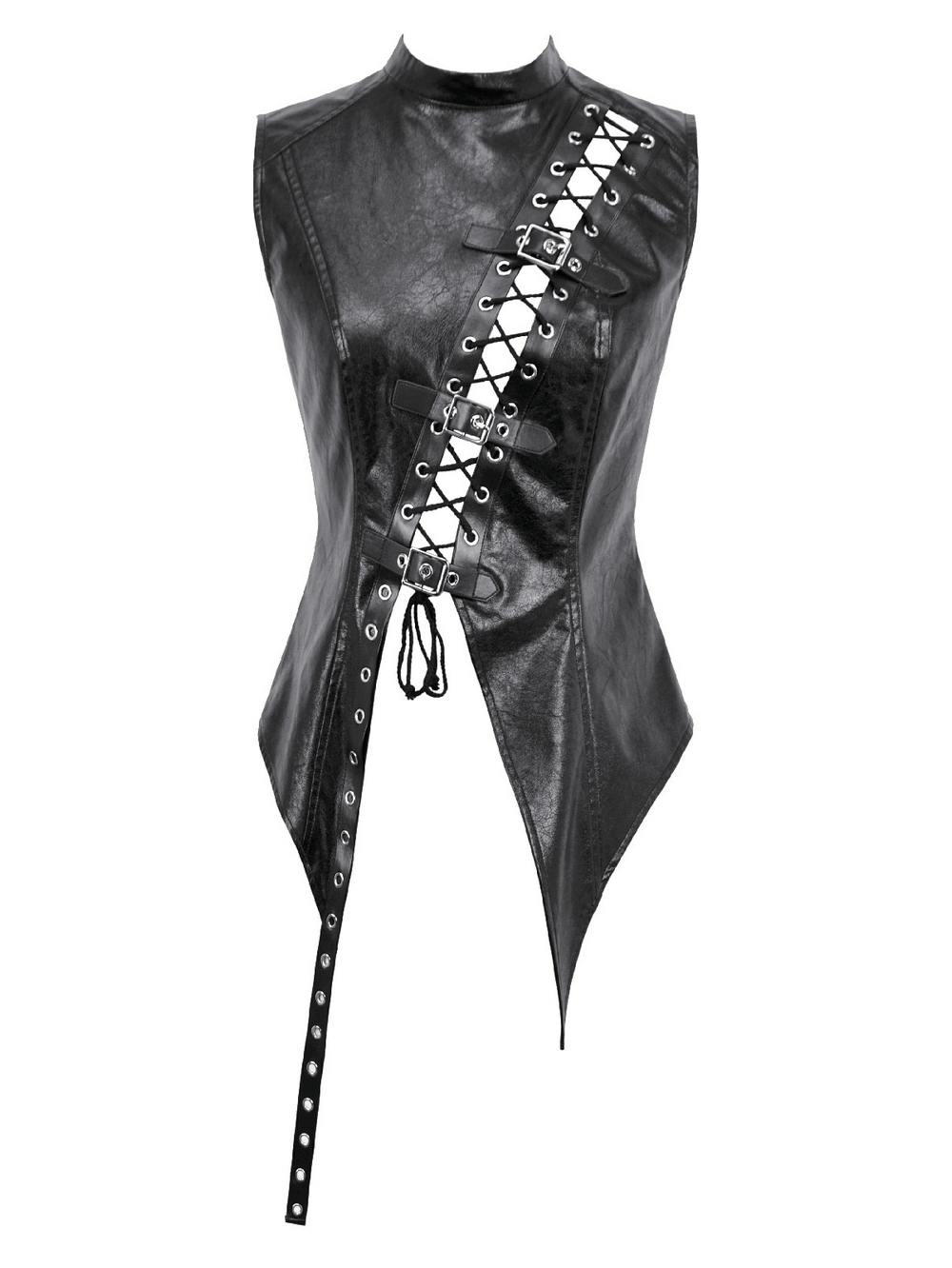 Black Faux Leather Lace-up Top With Buckles for Gothic Style, featuring adjustable laces and high-neck design.