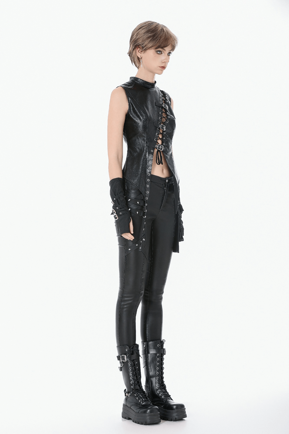 Black Faux Leather Lace-up Top With Buckles for Gothic Style worn with edgy black pants and boots.
