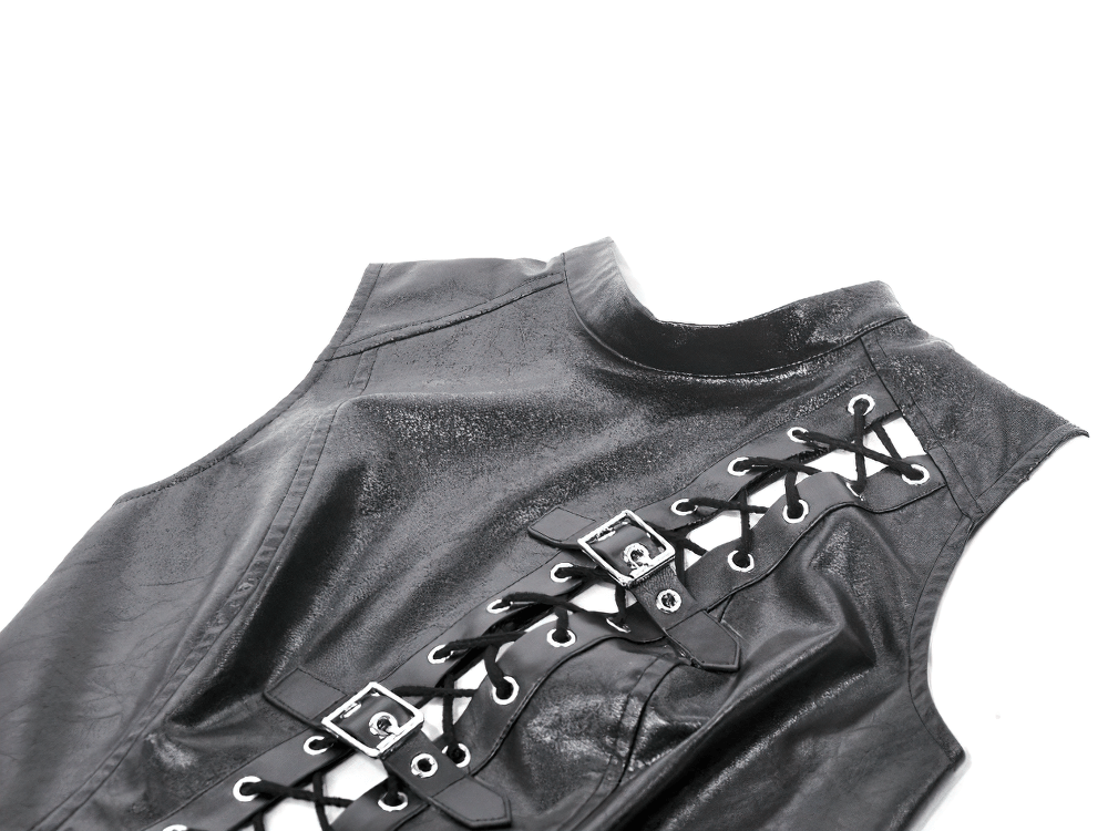 Black Faux Leather Lace-up Top With Buckles for Gothic Style, featuring adjustable laces and edgy design.