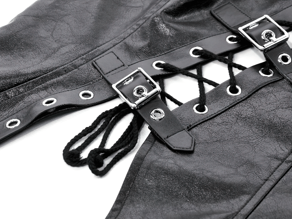 Black Faux Leather Lace-up Top With Buckles for Gothic Style featuring adjustable laces and metallic buckles.