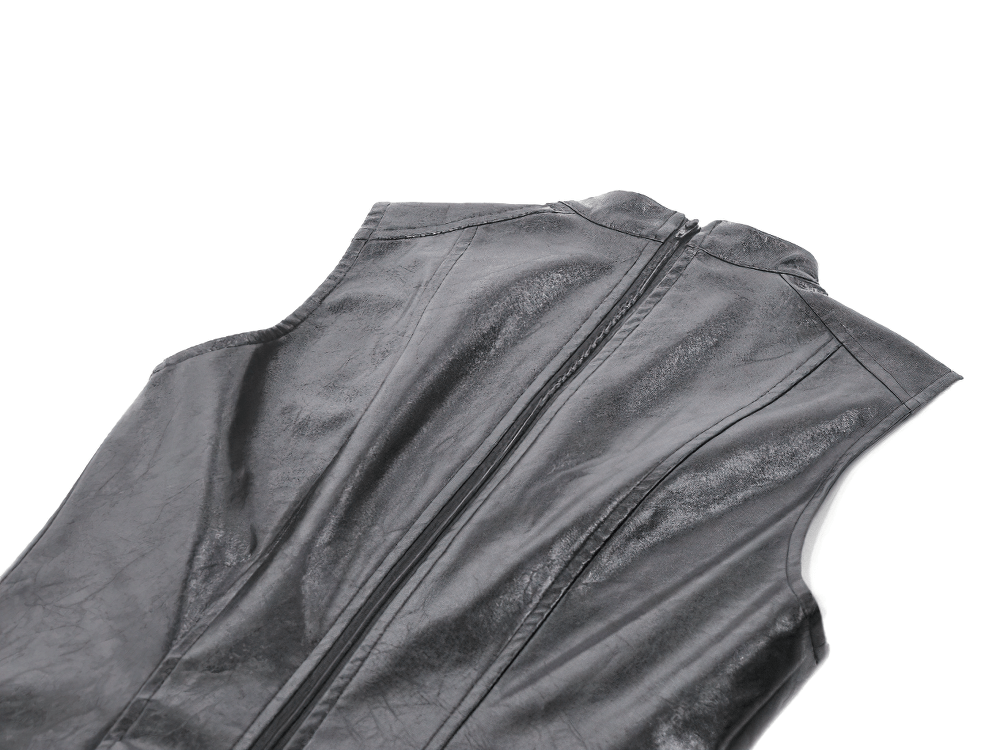 Black Faux Leather Lace-up Top With Buckles for Gothic Style, sleeveless back view showcasing elegant design.