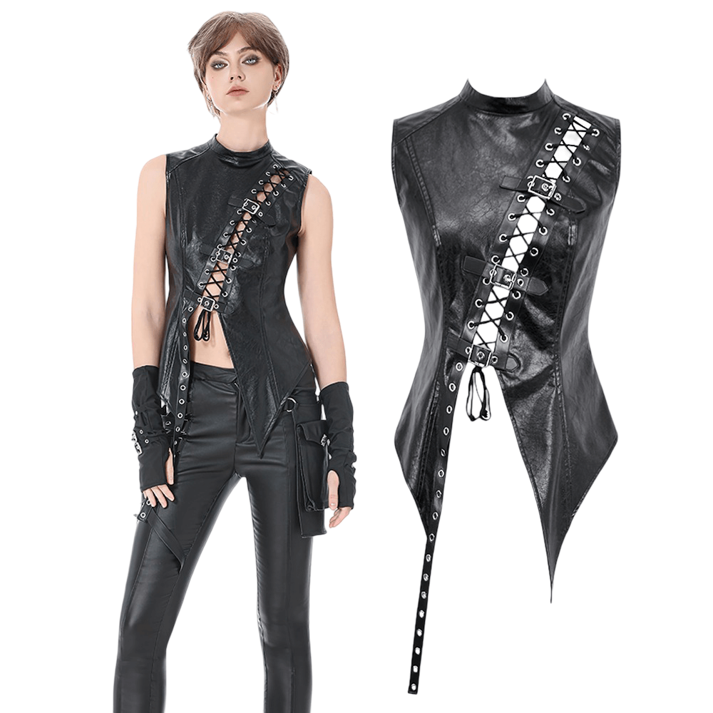 Black Faux Leather Lace-up Top With Buckles for Gothic Style, featuring adjustable laces and a fierce high-neck design.