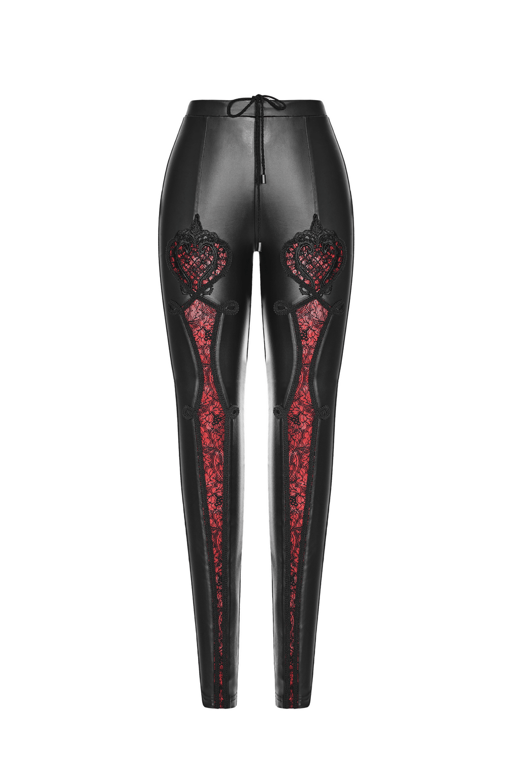 Black faux leather leggings with striking red lace detail, perfect for gothic romantic style.