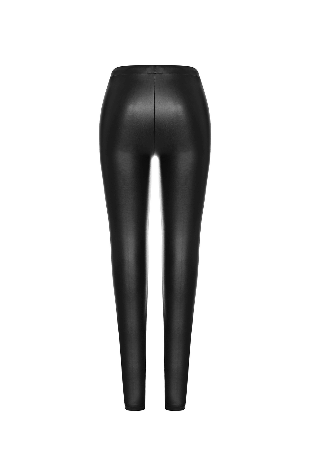 Black faux leather leggings with a sleek back view, perfect for a gothic-inspired look.