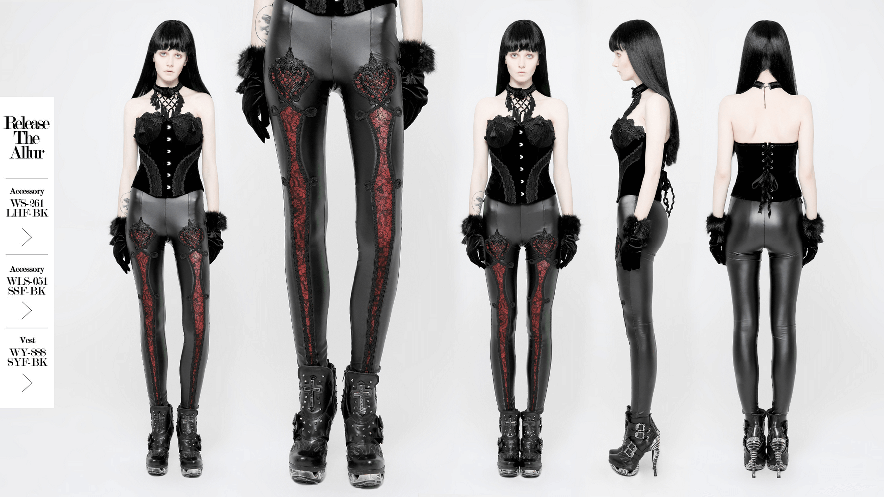 Black faux leather leggings with red floral lace detail, perfect for gothic fashion lovers, showcasing style and elegance.