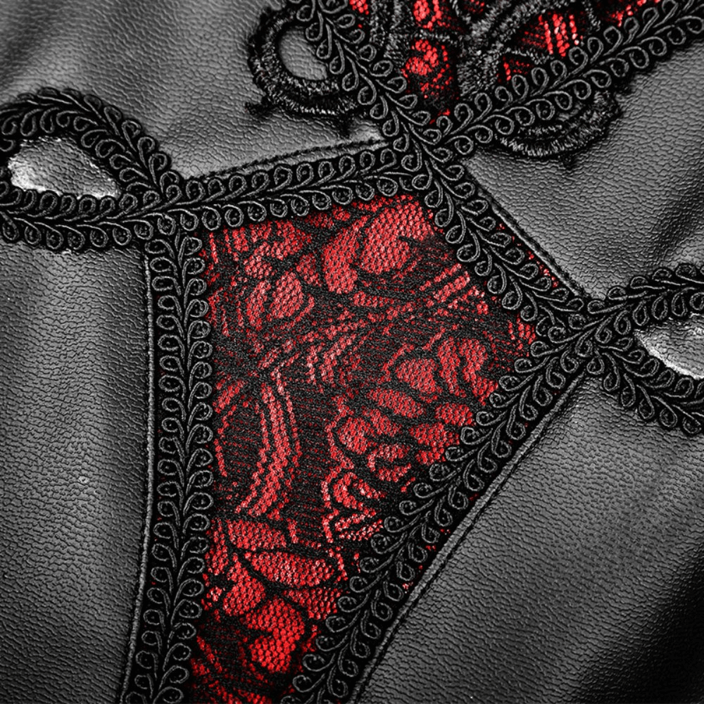 Close-up of black faux leather with red floral lace detail, showcasing gothic elegance and intricate design.