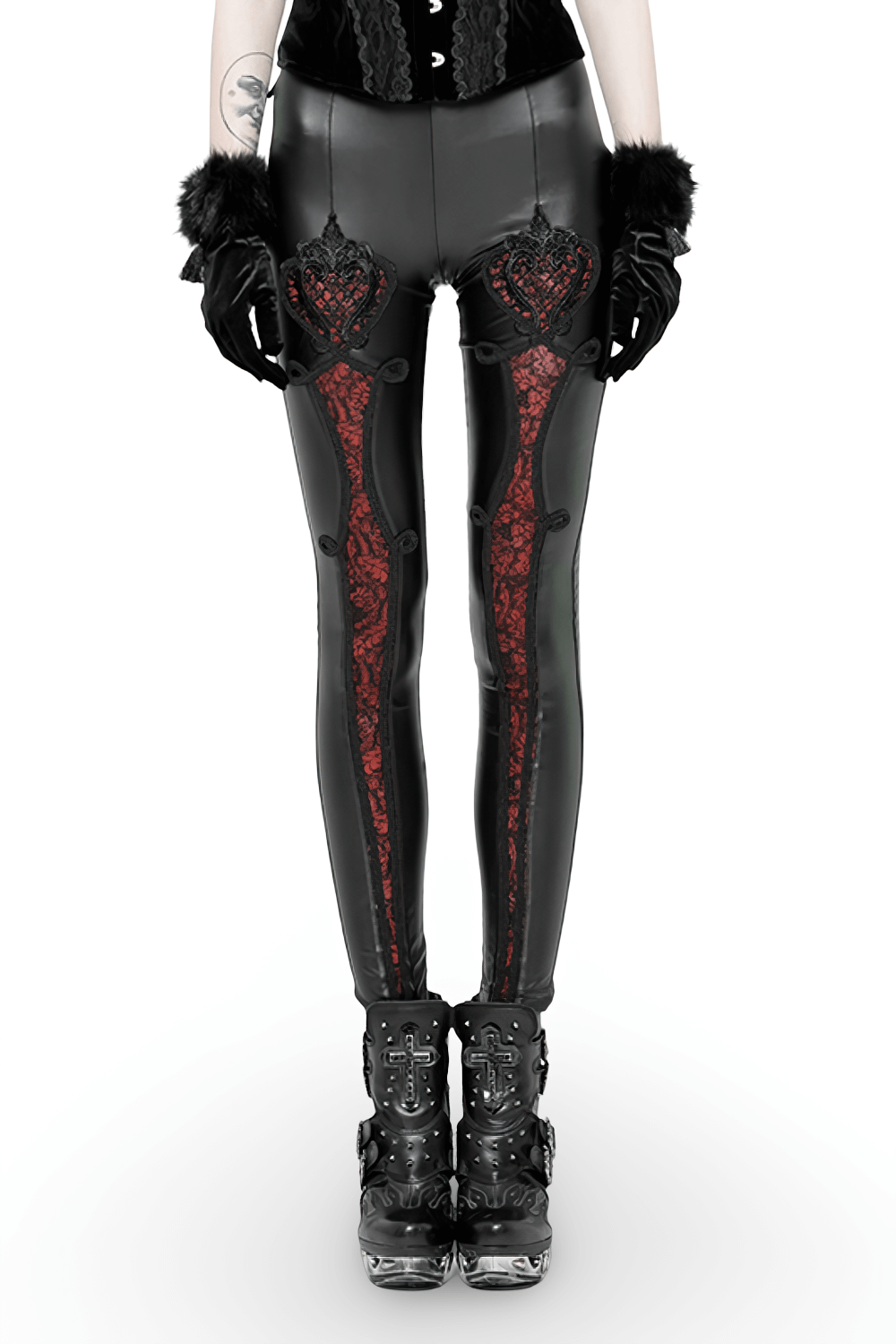Black faux leather leggings with red lace detail, showcasing gothic romance and a perfect fit.