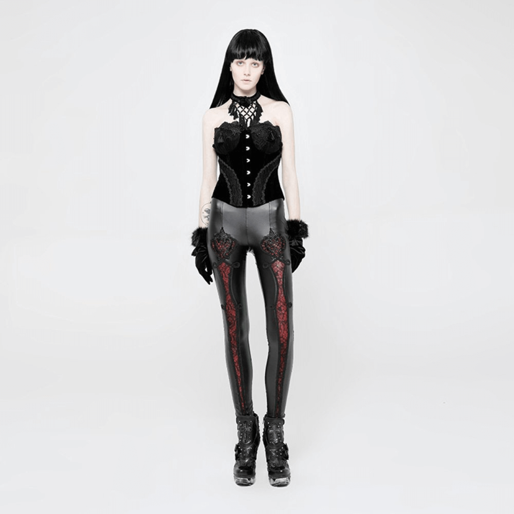 Black Faux Leather Leggings with Red Lace Detail