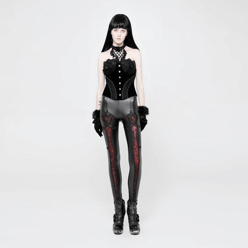 Gothic black faux leather leggings with red lace detail, styled with a corset and gloves, showcasing edgy fashion.