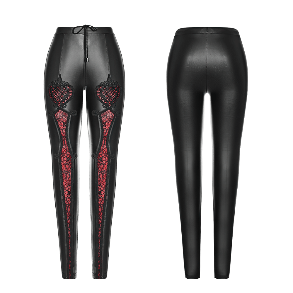 Black faux leather leggings with red floral lace detailing for a gothic romantic vibe.