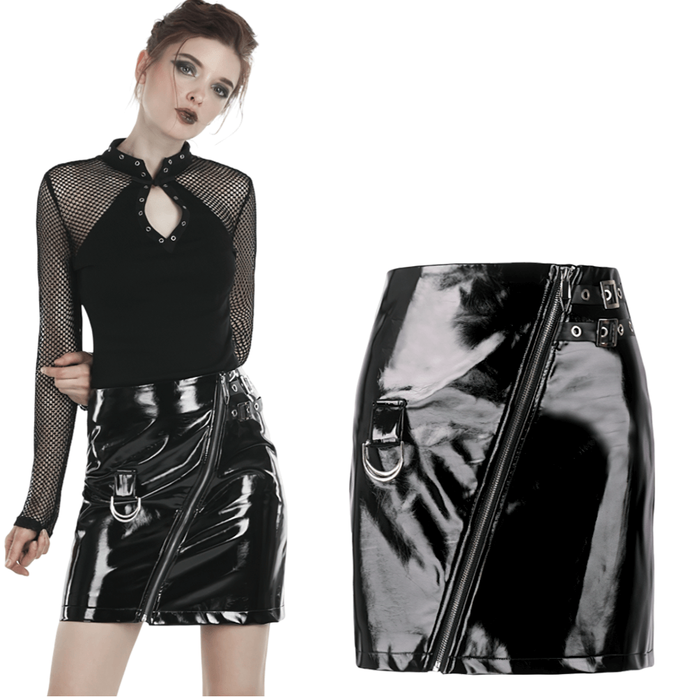 Edgy black faux leather mini skirt with side zipper detail, paired with a stylish mesh long-sleeve top.