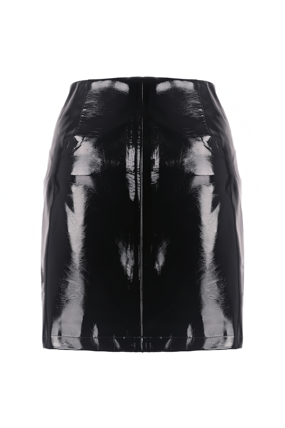 Black faux leather mini skirt with shiny finish and rear zipper detail for a stylish, edgy look.