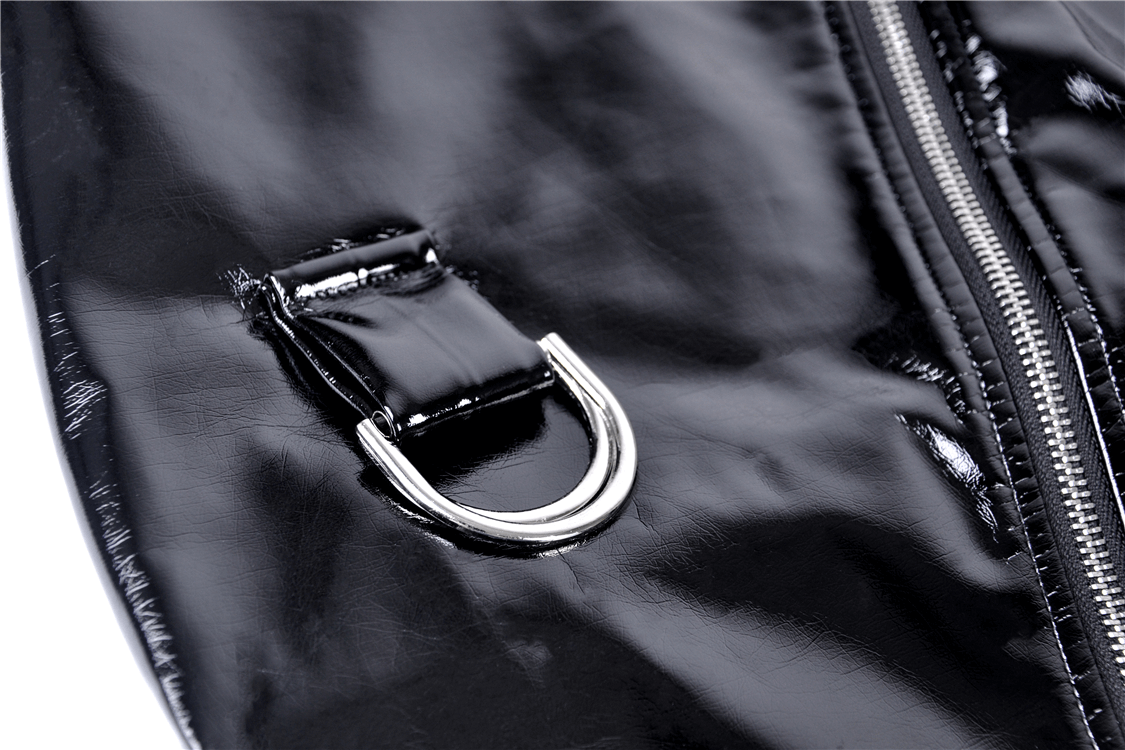 Close-up of shiny black faux leather mini skirt with silver zipper and side detailing for a stylish look.