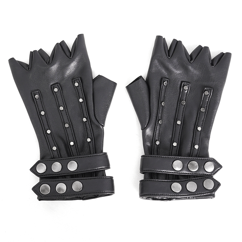 Black faux leather motorcycle gloves with protective studs, perfect for biker style and comfort.