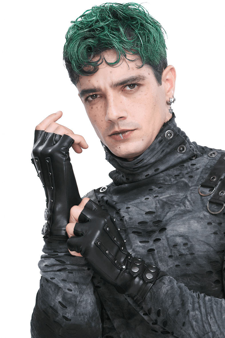 Men's black faux leather motorcycle gloves with protective studs, styled for a rugged, edgy look.