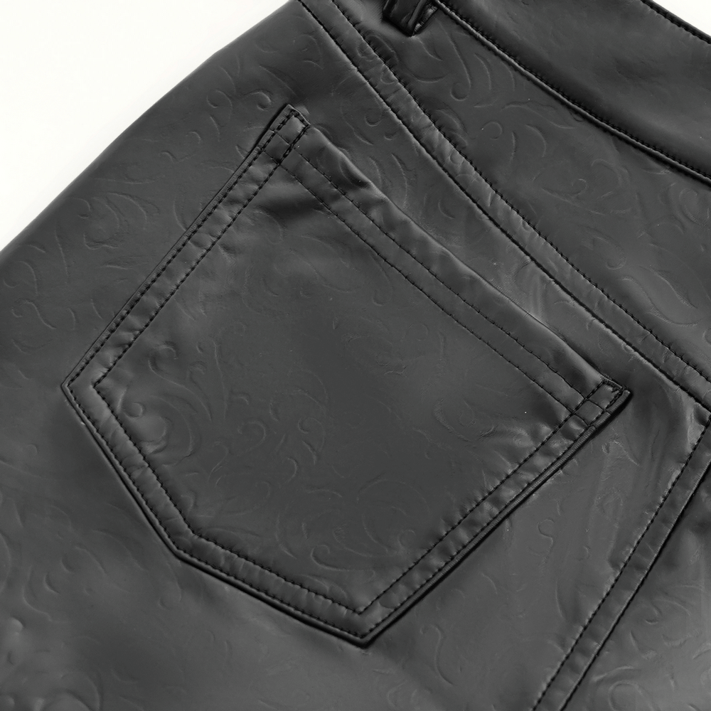 Detail of black faux leather pants showcasing the textured pocket design, perfect for gothic and punk fashion.