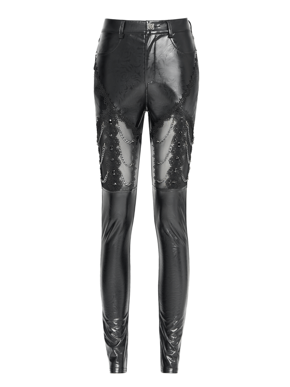 Black faux leather pants with chain and sequin details, perfect for goth and alternative fashion.