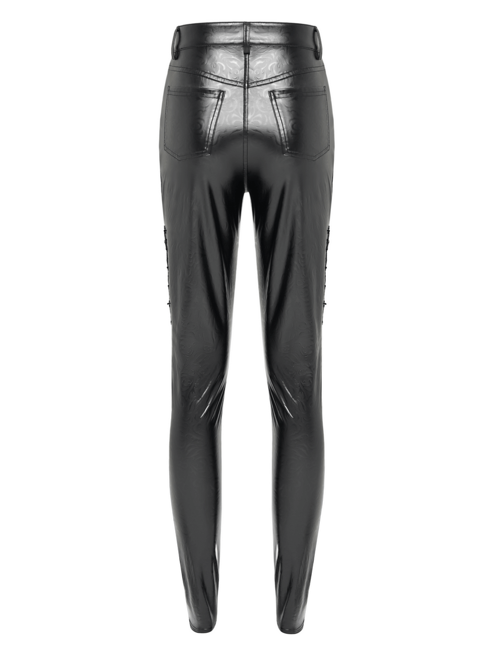 Back view of black faux leather pants with chain and sequin details, perfect for a gothic or punk style.