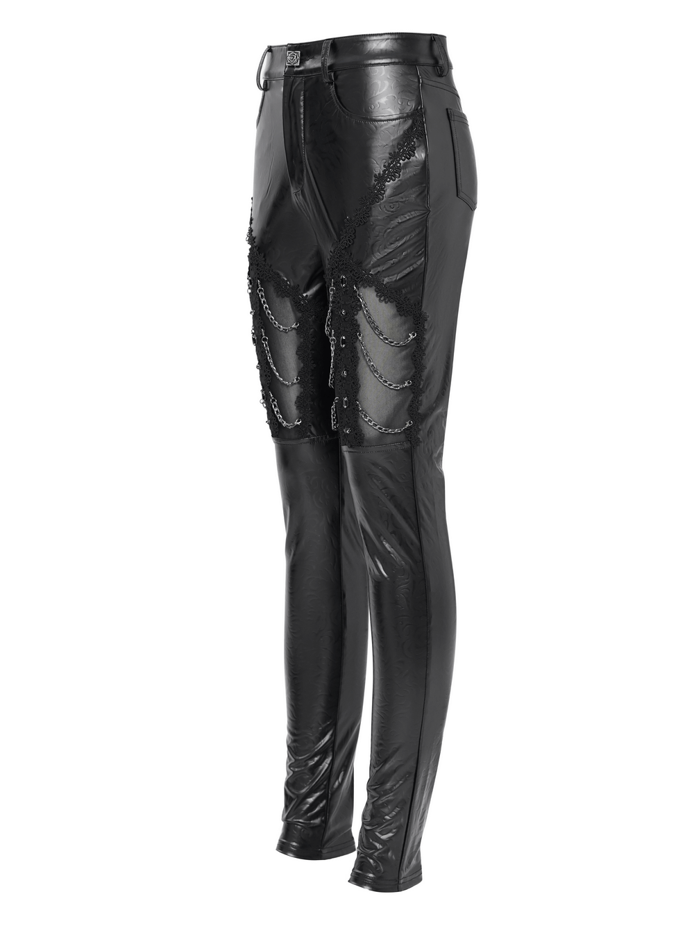 Black faux leather pants featuring chains and sequin details, perfect for punk and goth fashion.