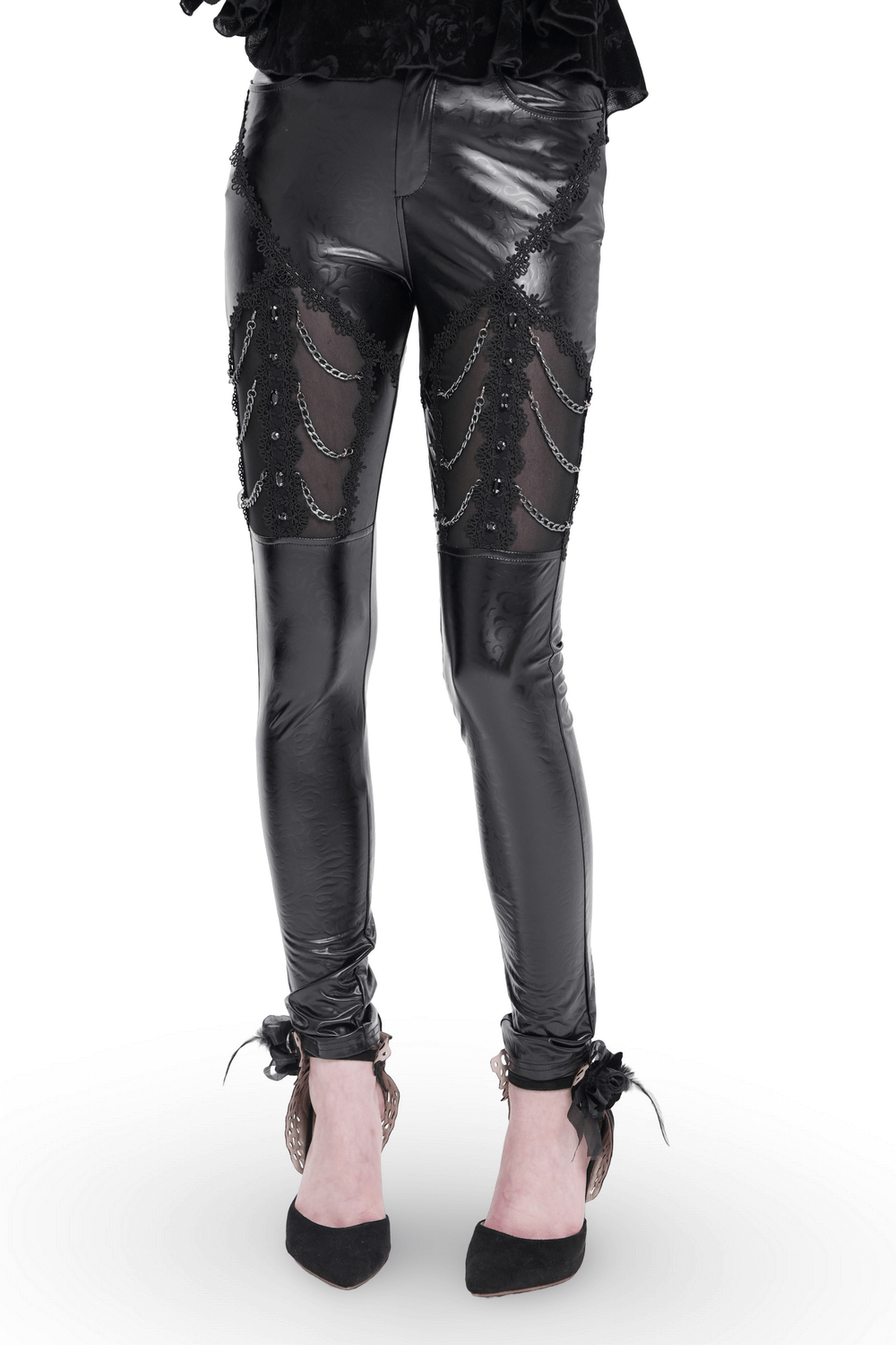 Black faux leather pants with chains and sequin details for a bold gothic fashion statement.
