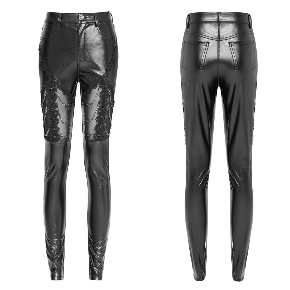 Black faux leather pants with chain and sequin details, front and back view, perfect for edgy gothic fashion.