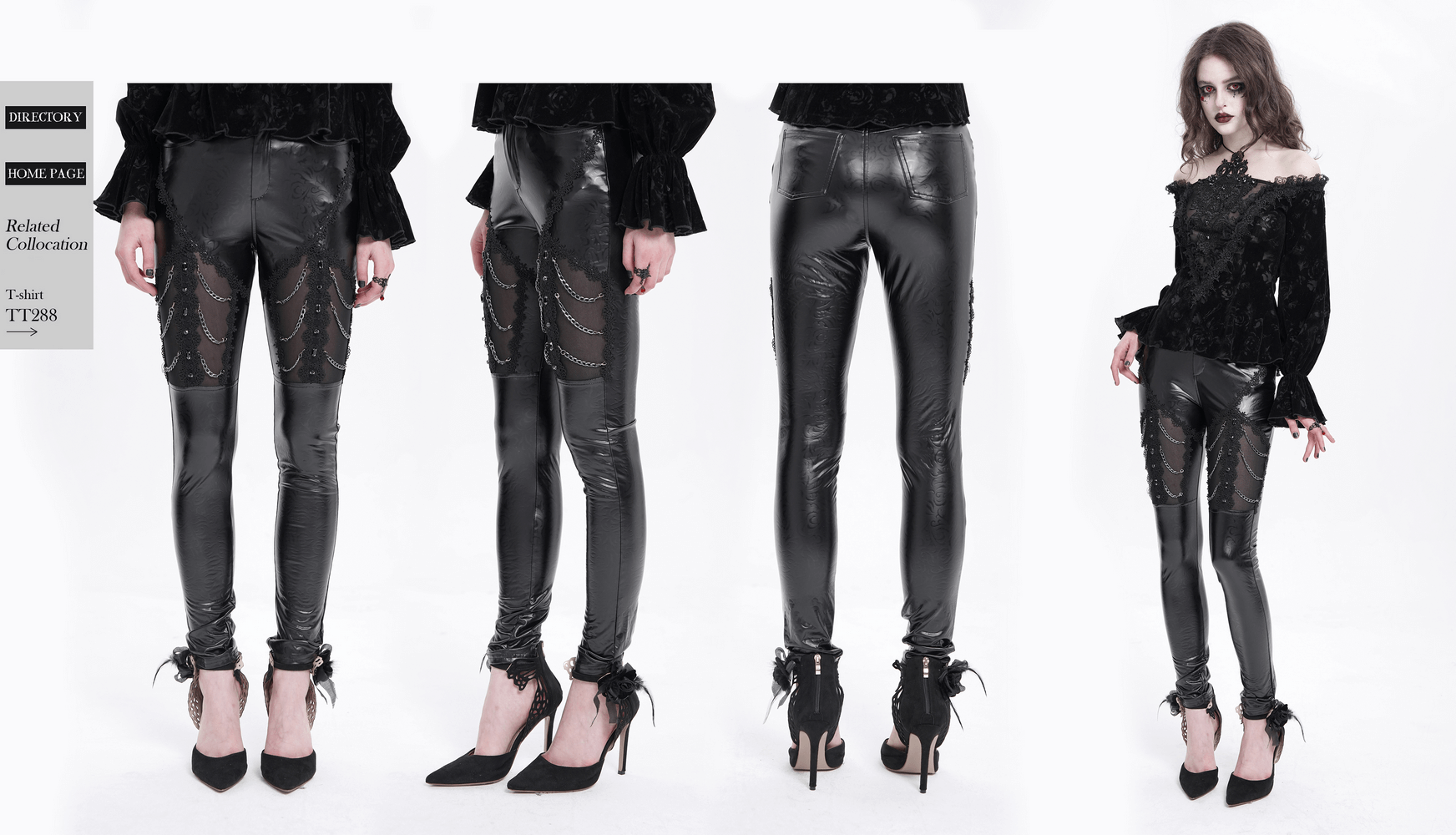 Black faux leather pants with chains and sequins, perfect for gothic and punk fashion lovers.