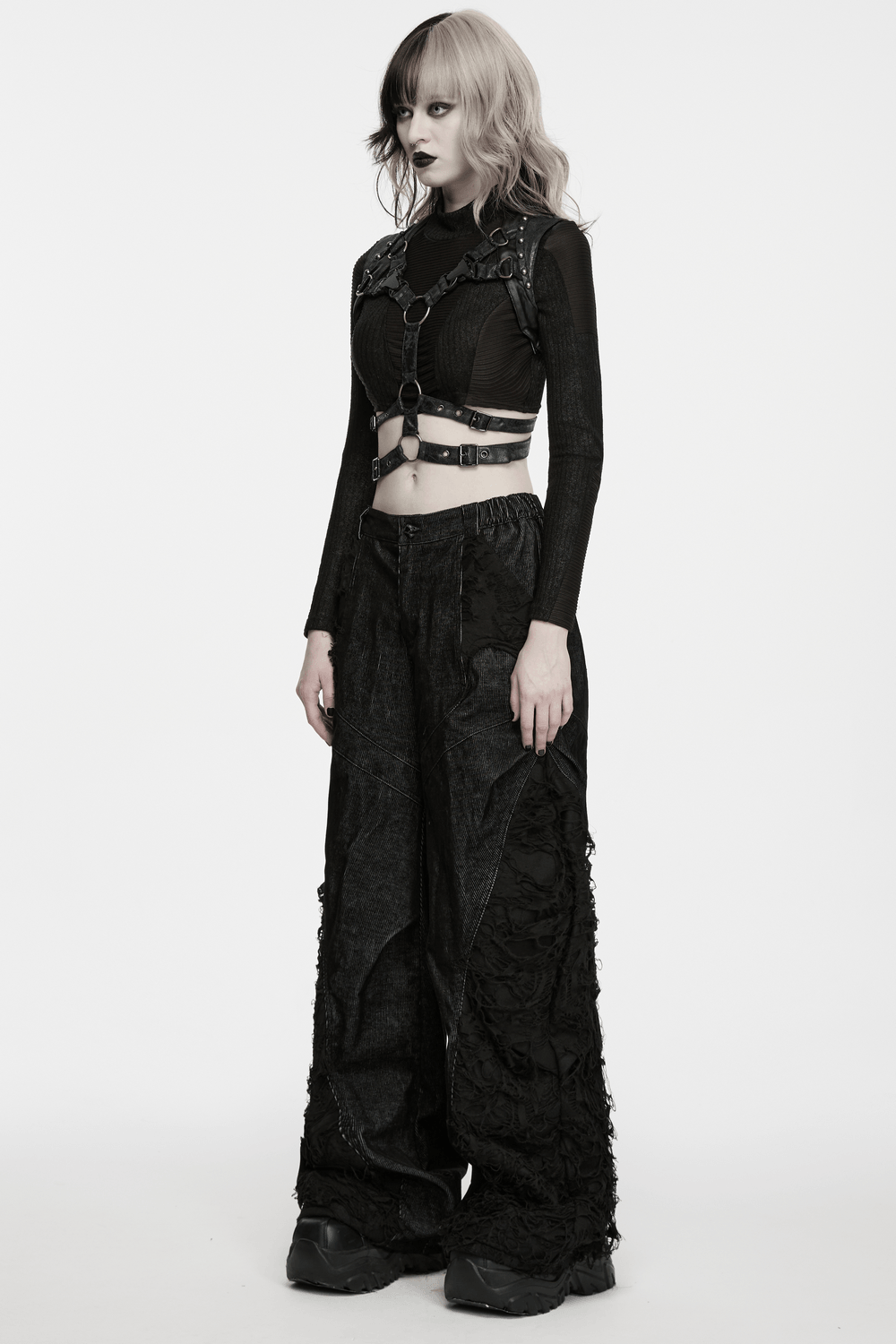Harnais punk noir en similicuir avec détails métalliques